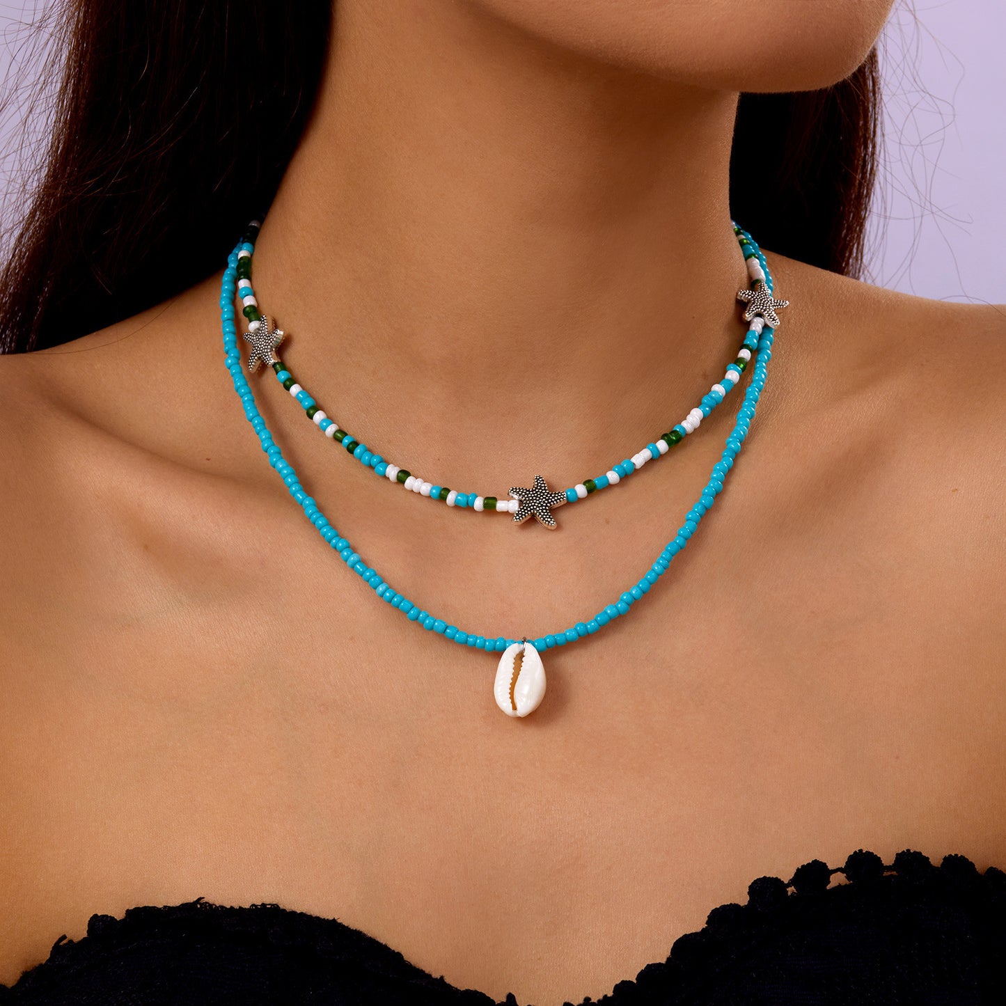 欧美夏季海洋度假海星贝壳海螺珍珠多层项链时尚夸张多层叠戴项链