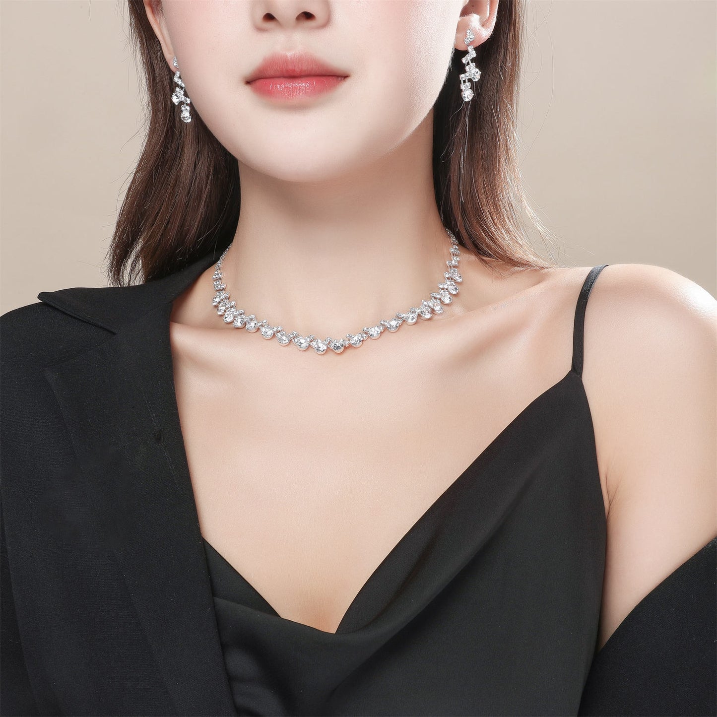 亚马逊爆款奢华新娘项链耳环两件套婚礼配饰气质锆石花朵首饰套装