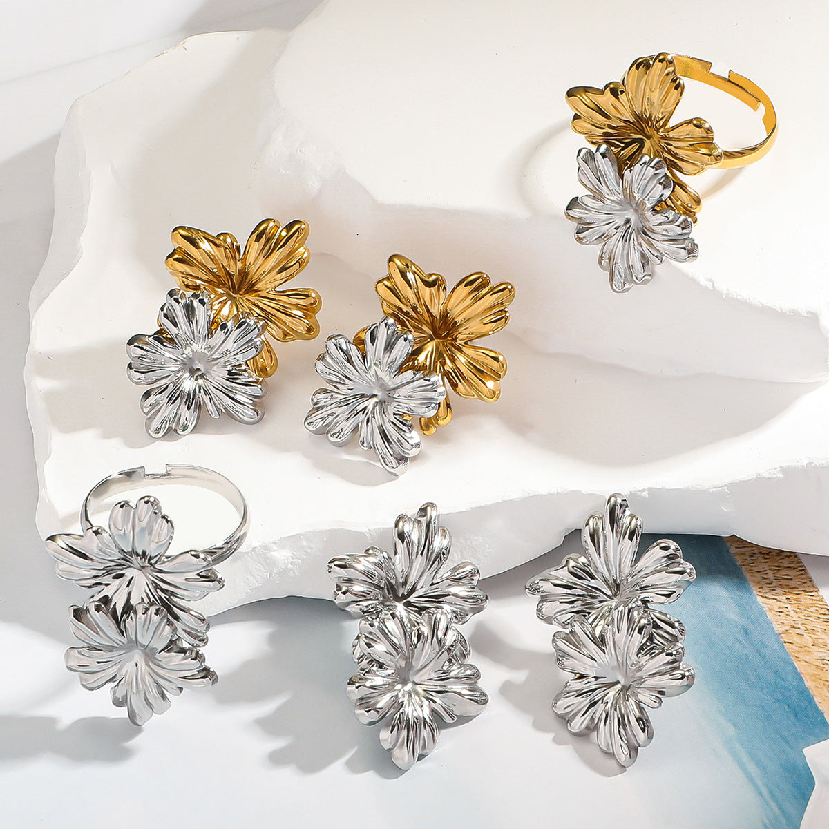 麦芽不锈钢花朵小雏菊金银拼色耳钉耳环开口戒指指环小众设计耳饰