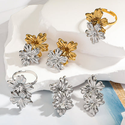 麦芽不锈钢花朵小雏菊金银拼色耳钉耳环开口戒指指环小众设计耳饰
