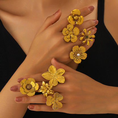 麦芽不锈钢不掉色花朵戒指女立体感开口设计指环夸张欧美跨境手饰