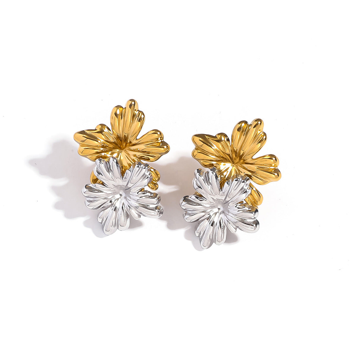 麦芽不锈钢花朵小雏菊金银拼色耳钉耳环开口戒指指环小众设计耳饰