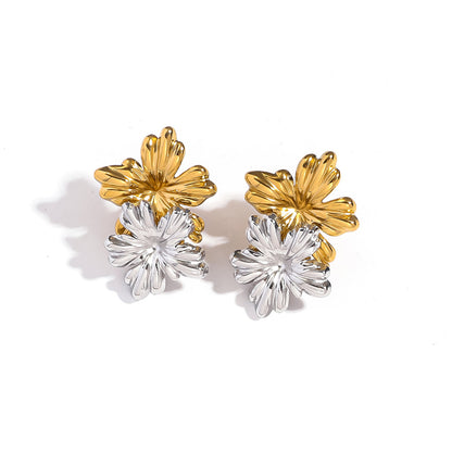 麦芽不锈钢花朵小雏菊金银拼色耳钉耳环开口戒指指环小众设计耳饰
