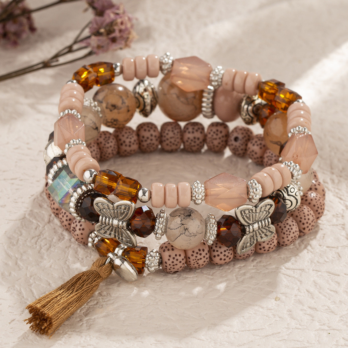 Boho Multi-Layer Stackable Beaded Stretch Bracelet, Bohemian Wrap Bracelet with Tassel & "I Love You" Charm