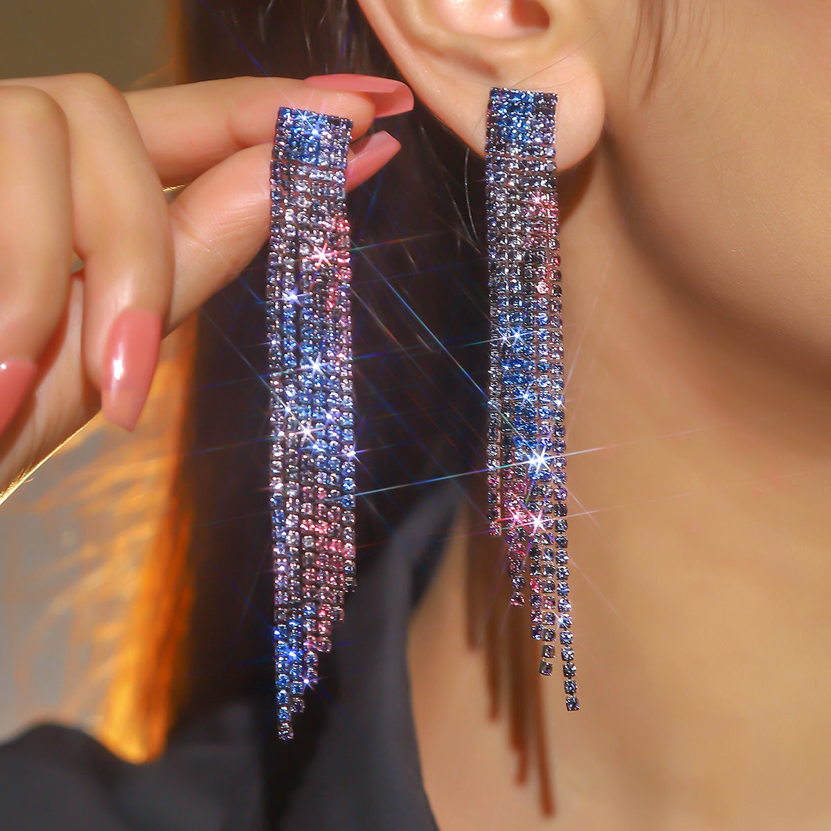 轻奢风小脸超闪AB水钻长款流苏耳环女 时尚气质耳钉饰品 earrings