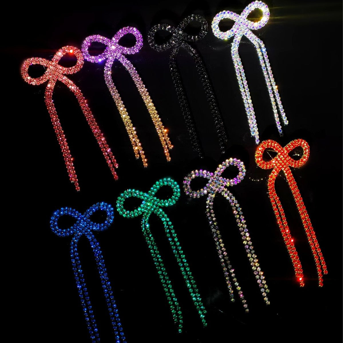 全铜 百搭蝴蝶结长款流苏耳环 时尚闪亮水钻耳钉无耳洞耳夹款