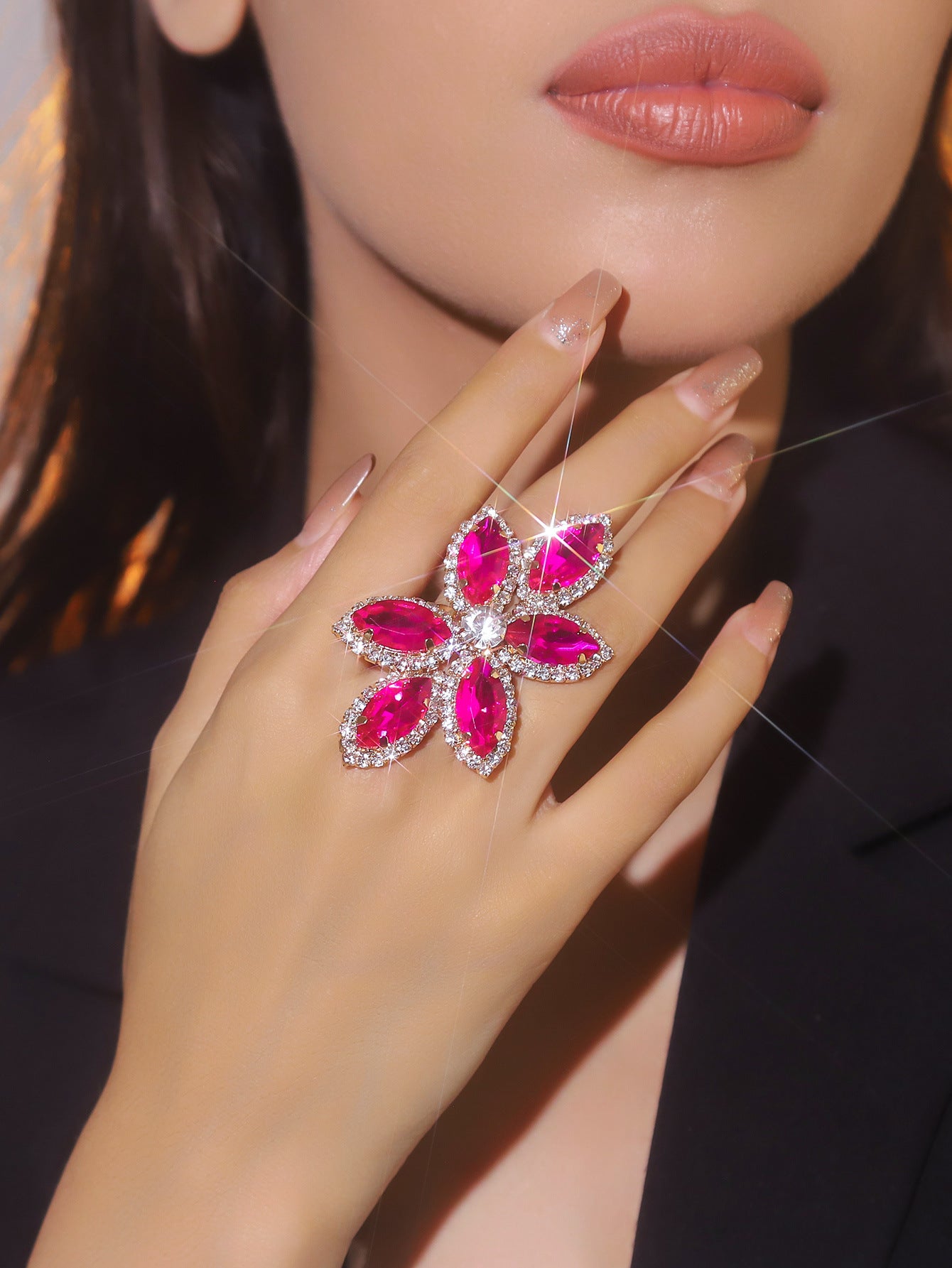 町卡高端华丽闪亮水晶蝴蝶形戒指女 小众设计水钻戒指指环