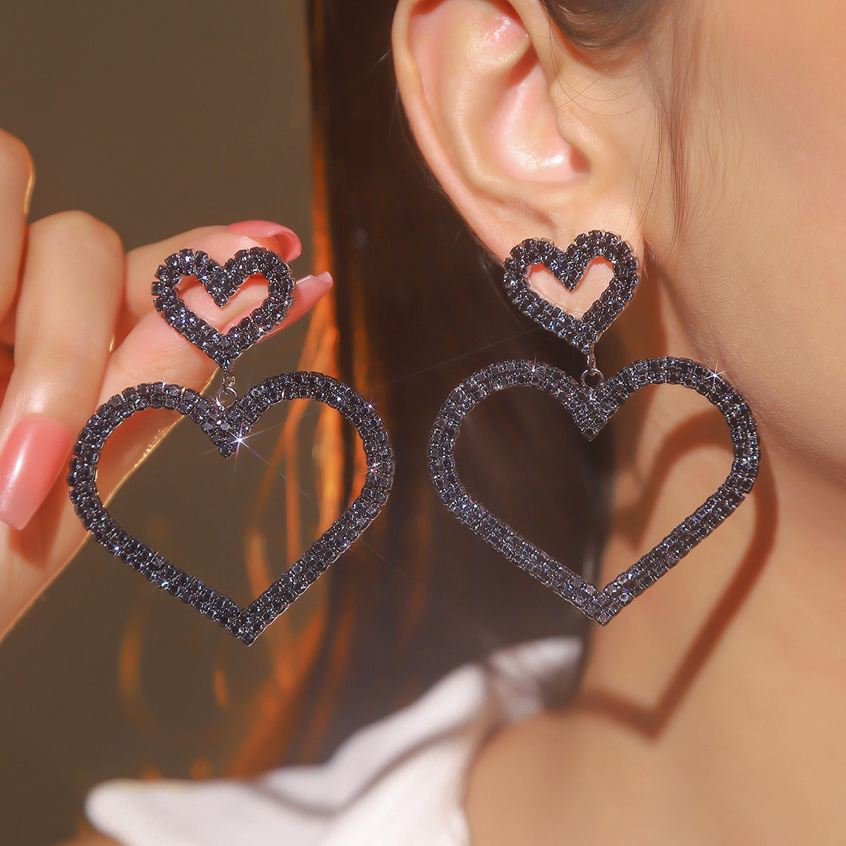 跨境情人节大爆款 奢华闪亮满钻爱心耳环女 时尚双桃心耳钉耳饰品