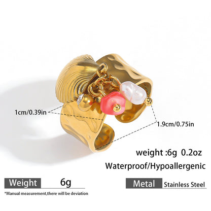 麦芽欧美不锈钢度假风开口戒指海螺海星贝壳珍珠花樱桃指环手饰品