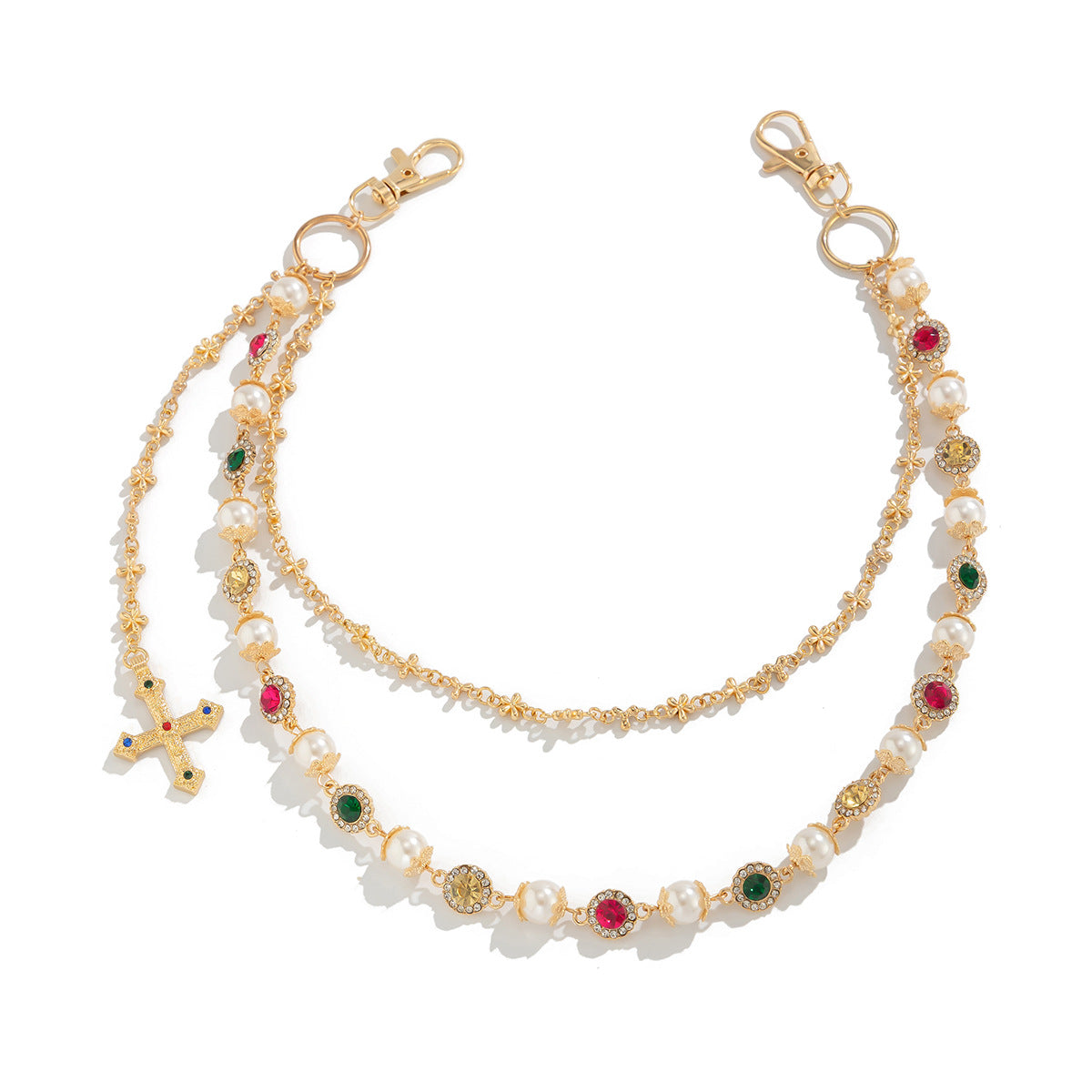 欧美跨境设计感仿珍珠小花链条裤链 嘻哈彩色镶钻十字架腰链挂饰