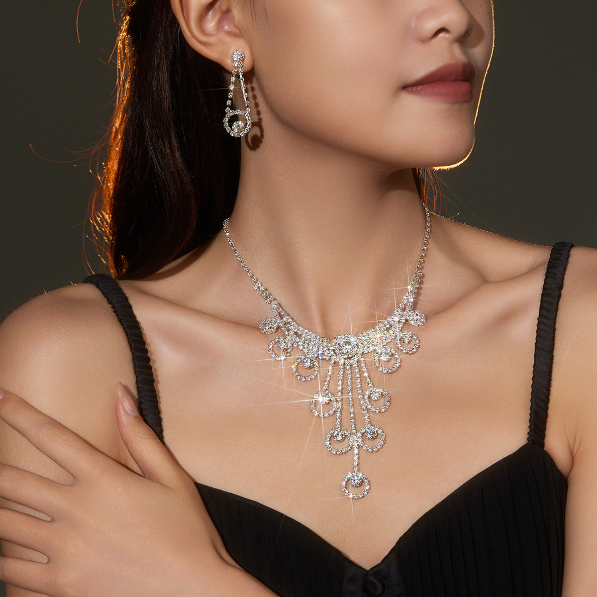 欧美跨境气质百搭水钻项链耳环两件套 新娘首饰套装 婚纱礼服配饰