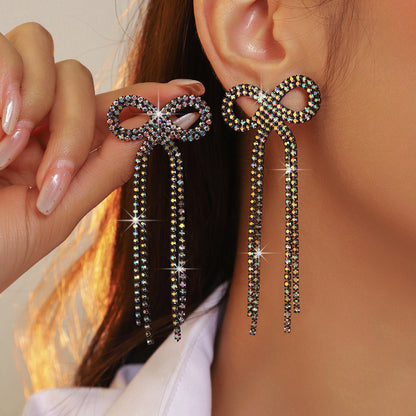 全铜 百搭蝴蝶结长款流苏耳环 时尚闪亮水钻耳钉无耳洞耳夹款