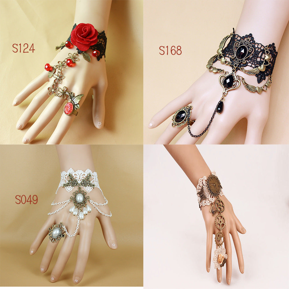 手工法式朋克复古手链戒指一体链万圣节手鬼节手链哥特流苏手饰