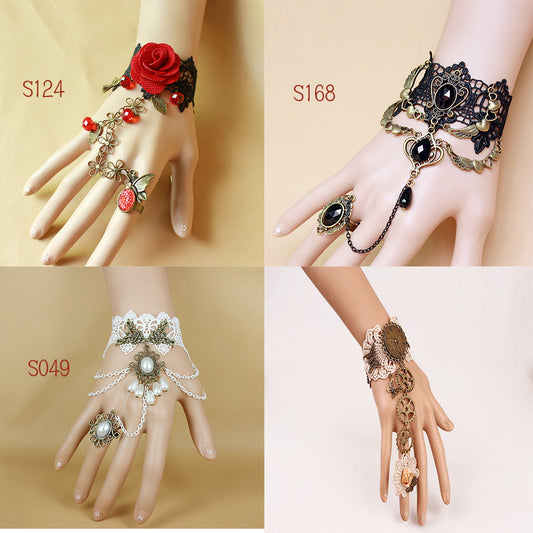 手工法式朋克复古手链戒指一体链万圣节手鬼节手链哥特流苏手饰