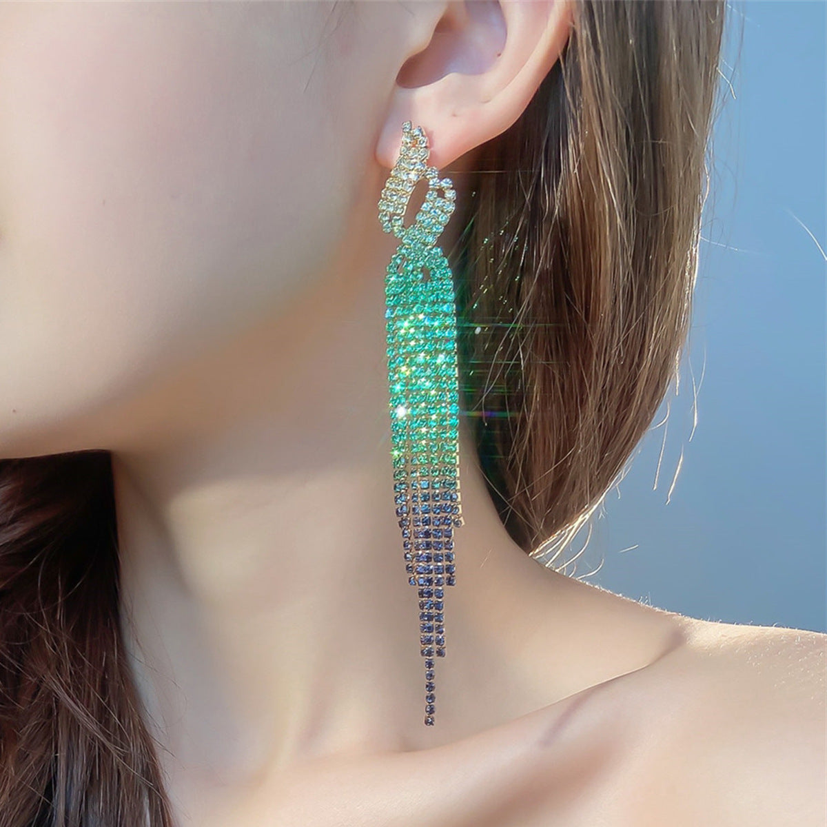 DINGKA时尚气质闪亮满钻长款流苏耳环女 高级感红色耳钉耳饰品