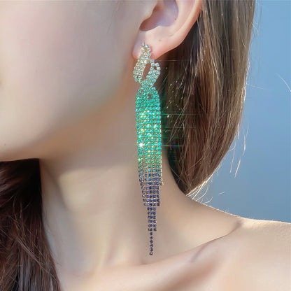 DINGKA时尚气质闪亮满钻长款流苏耳环女 高级感红色耳钉耳饰品