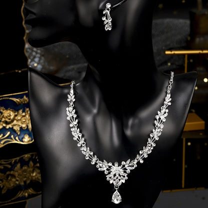 欧美新娘项链耳环套装复古水晶合金首饰搭配花朵水滴满钻礼服配饰
