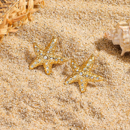 麦芽不锈钢钛钢海星星星锆石耳钉耳环女欧美跨境不掉色高级感耳饰