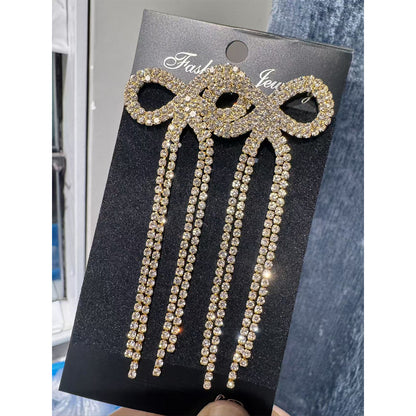 全铜 百搭蝴蝶结长款流苏耳环 时尚闪亮水钻耳钉无耳洞耳夹款