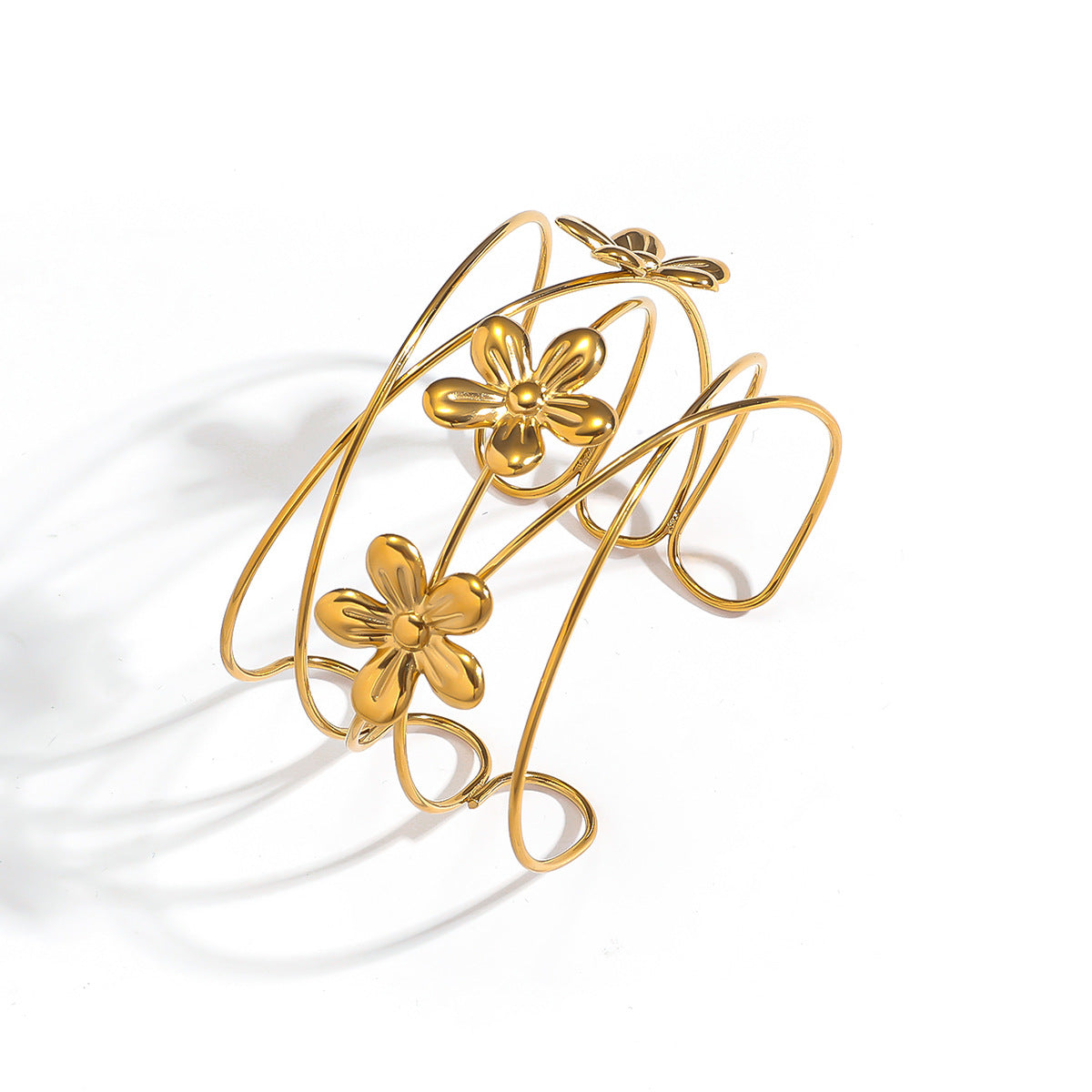 麦芽欧美时尚热销不锈钢花瓣花朵开口女士手镯手环度假风跨境手饰