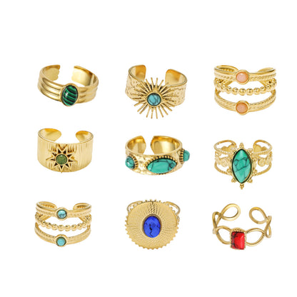 麦芽不锈钢18k金不掉色戒指绿松石开口食指戒指环 小众高级感手饰