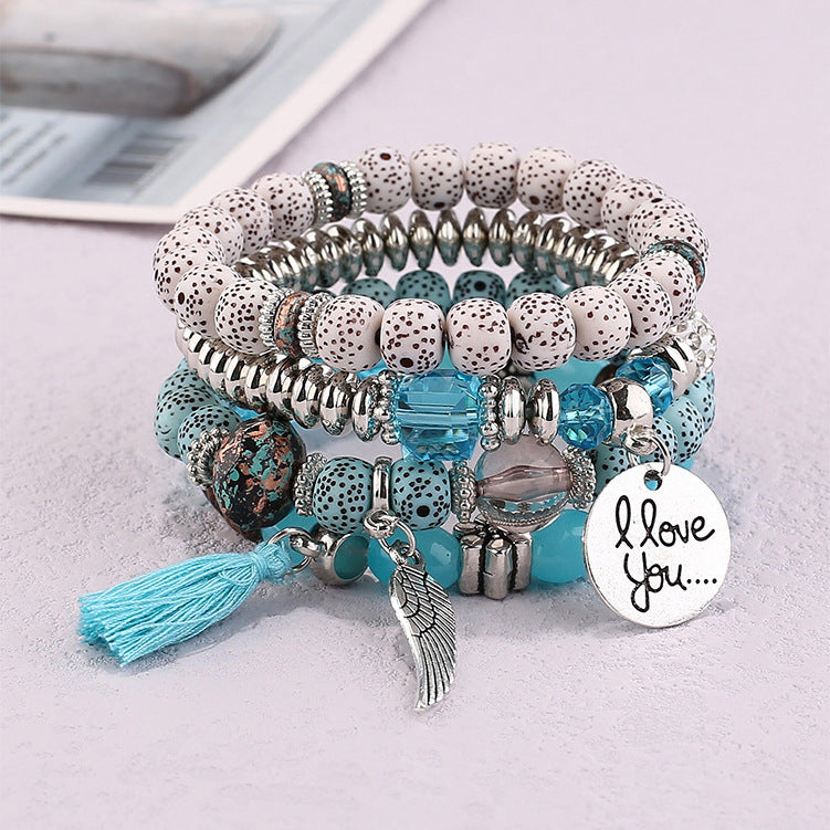 Boho Multi-Layer Stackable Beaded Stretch Bracelet, Bohemian Wrap Bracelet with Tassel & "I Love You" Charm