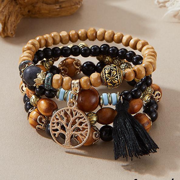 Bohemian Style Beaded Bracelet, Tassel Tree of Life Fashion Pendant, Wooden Bead Elastic Multilayer Bracelet