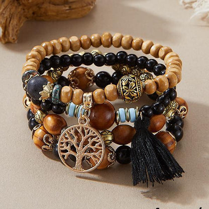 Bohemian Style Beaded Bracelet, Tassel Tree of Life Fashion Pendant, Wooden Bead Elastic Multilayer Bracelet