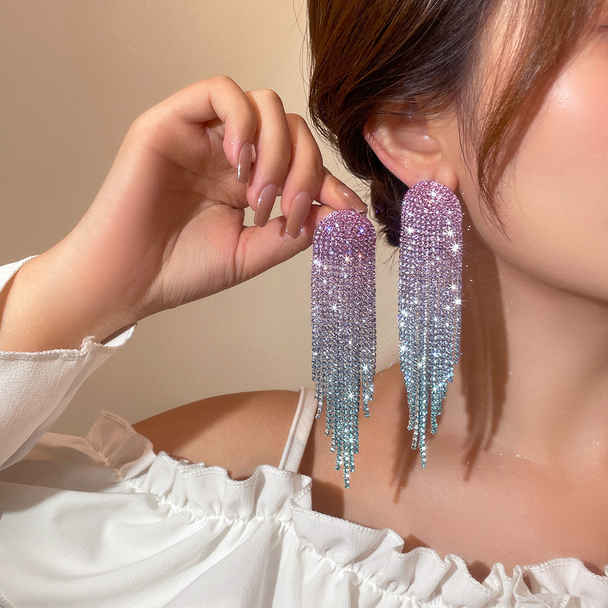 欧美气质渐变色潮水钻长款流苏耳环女 高级感耳钉耳饰品 earrings