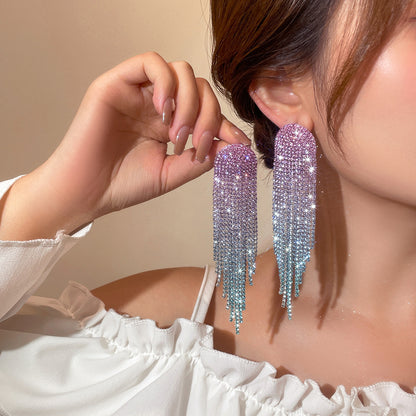 欧美气质渐变色潮水钻长款流苏耳环女 高级感耳钉耳饰品 earrings