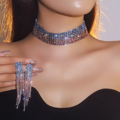 欧美跨境 奢华闪亮项链耳环两件套 豹纹新娘水钻首饰套装颈链饰品