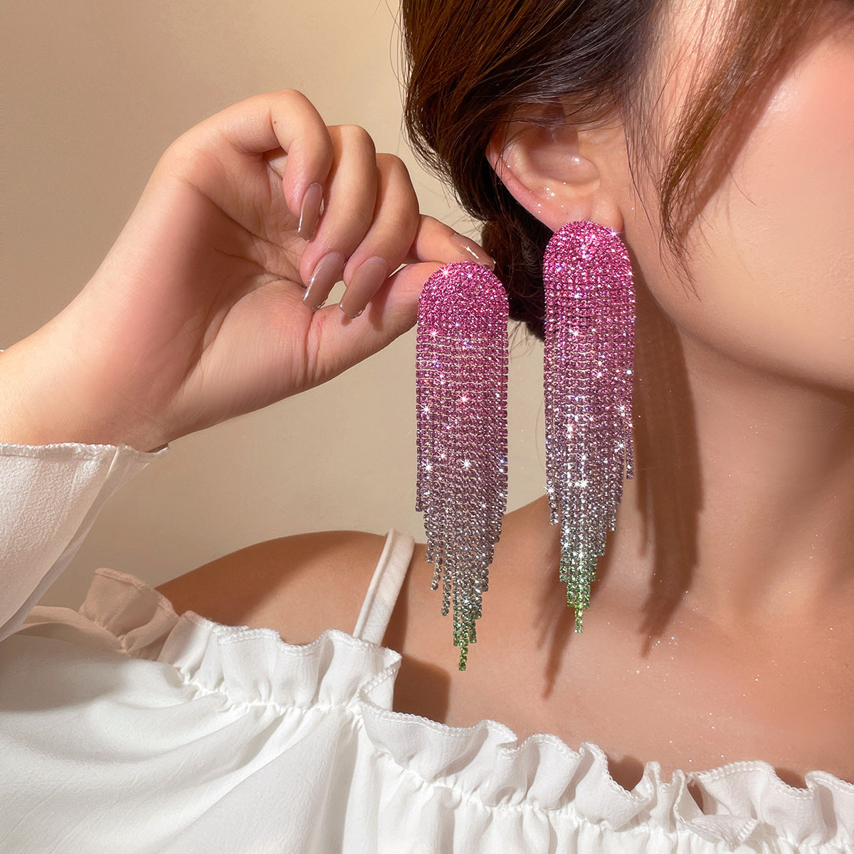 欧美气质渐变色潮水钻长款流苏耳环女 高级感耳钉耳饰品 earrings