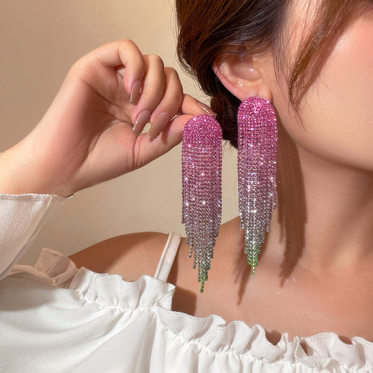 欧美气质渐变色潮水钻长款流苏耳环女 高级感耳钉耳饰品 earrings