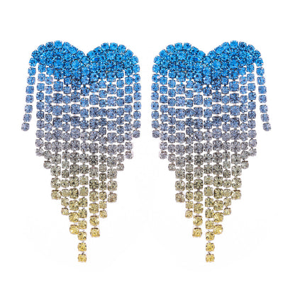 跨境 情人节大爆款 渐变色爱心水钻流苏耳环女高级感水钻耳钉耳饰