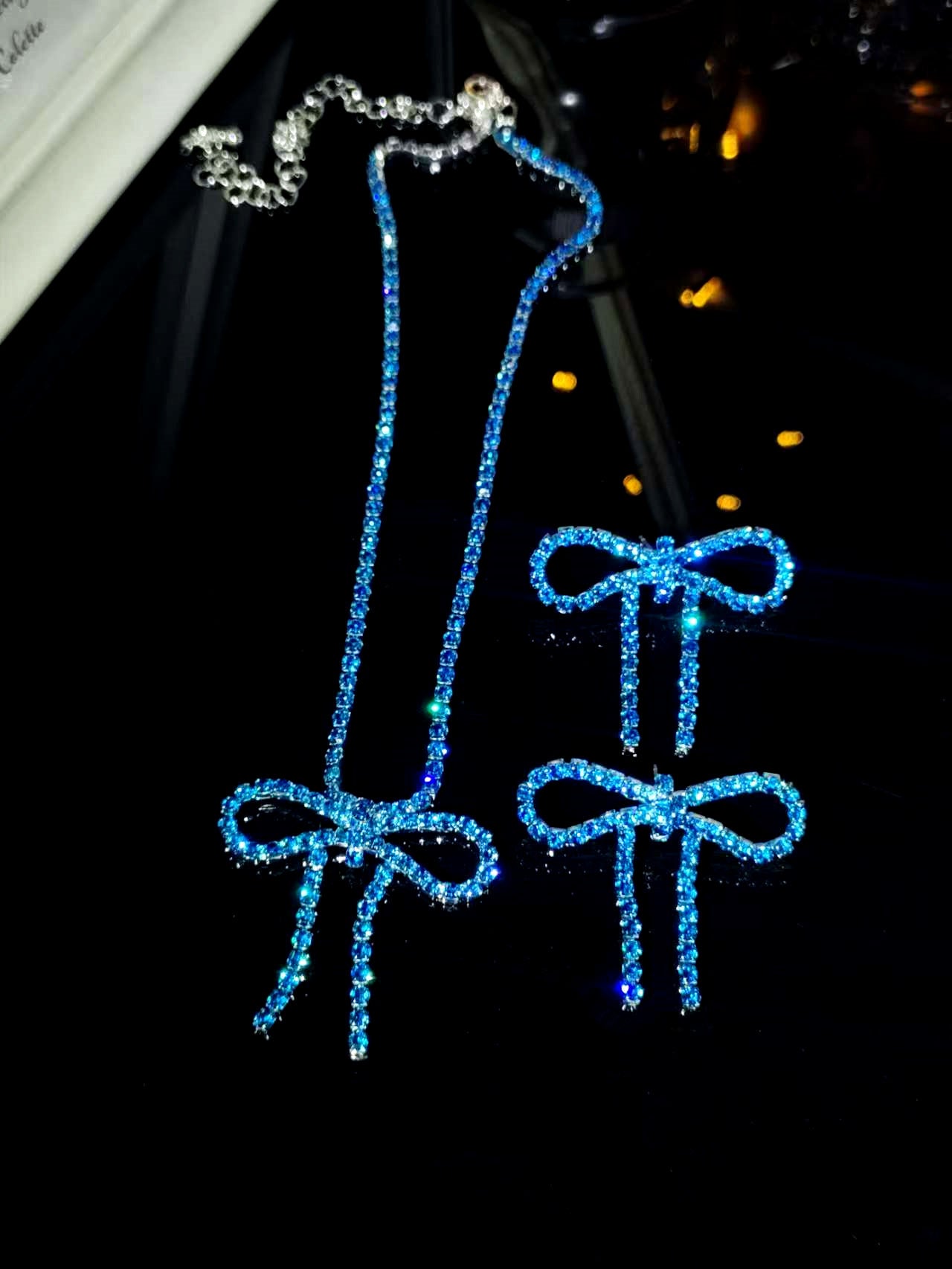 亚马逊爆款闪亮水钻蝴蝶结项链耳环套装 两件套走秀比赛项饰耳饰