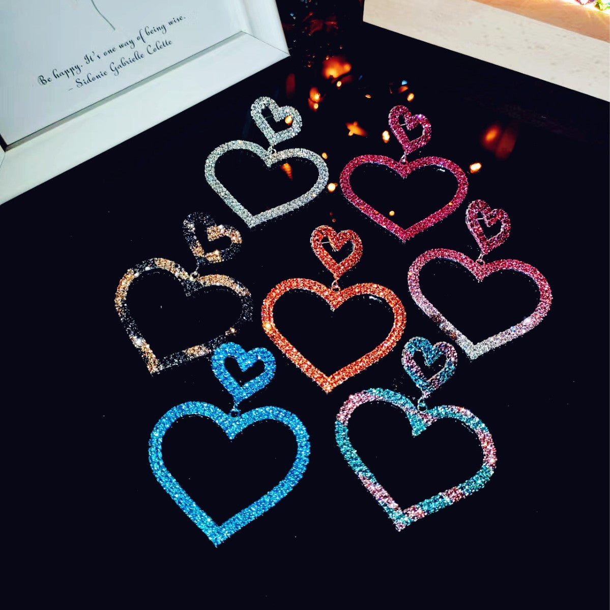 跨境情人节大爆款 奢华闪亮满钻爱心耳环女 时尚双桃心耳钉耳饰品