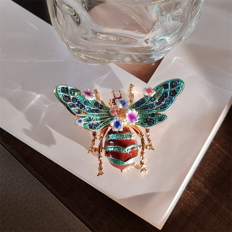Hand-painted Enamel Sparkling Zircon Vintage Animal Brooch, Pink Flower, Creative & Fashionable Brooch