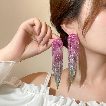 欧美气质渐变色潮水钻长款流苏耳环女 高级感耳钉耳饰品 earrings