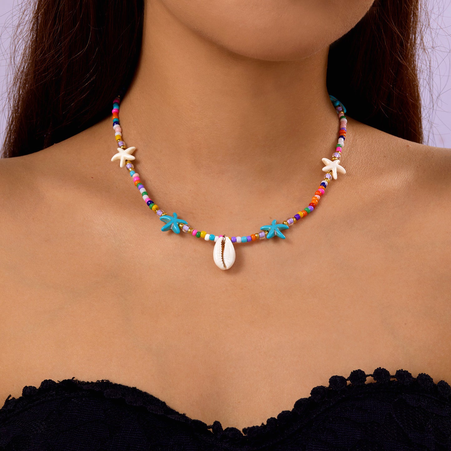 欧美夏季海洋度假海星贝壳海螺珍珠多层项链时尚夸张多层叠戴项链