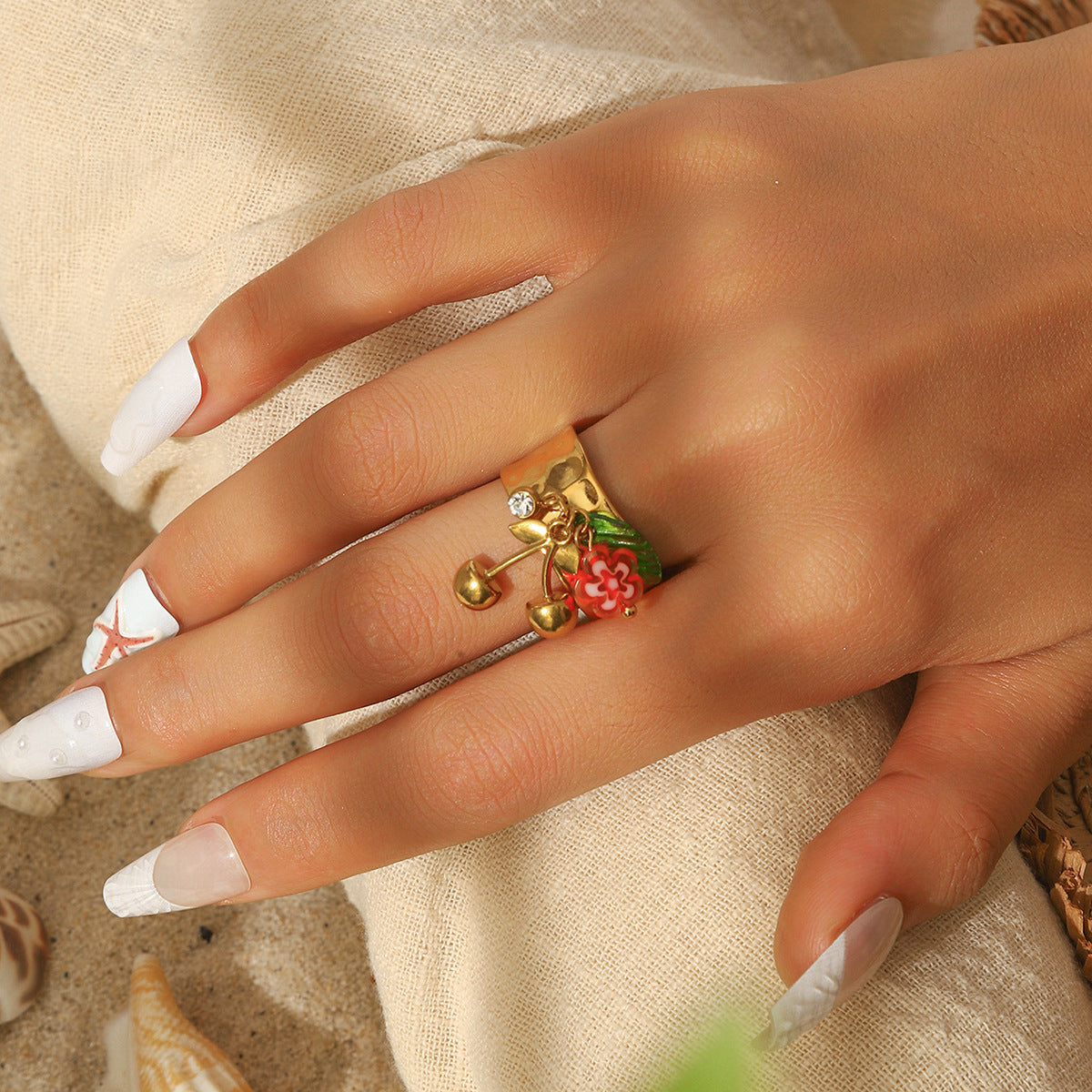 麦芽欧美不锈钢度假风开口戒指海螺海星贝壳珍珠花樱桃指环手饰品