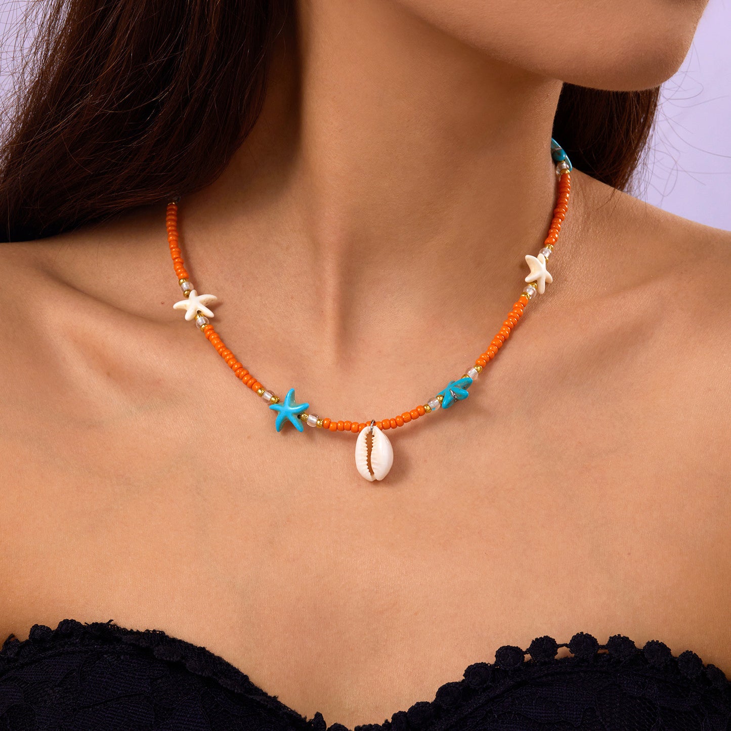 欧美夏季海洋度假海星贝壳海螺珍珠多层项链时尚夸张多层叠戴项链