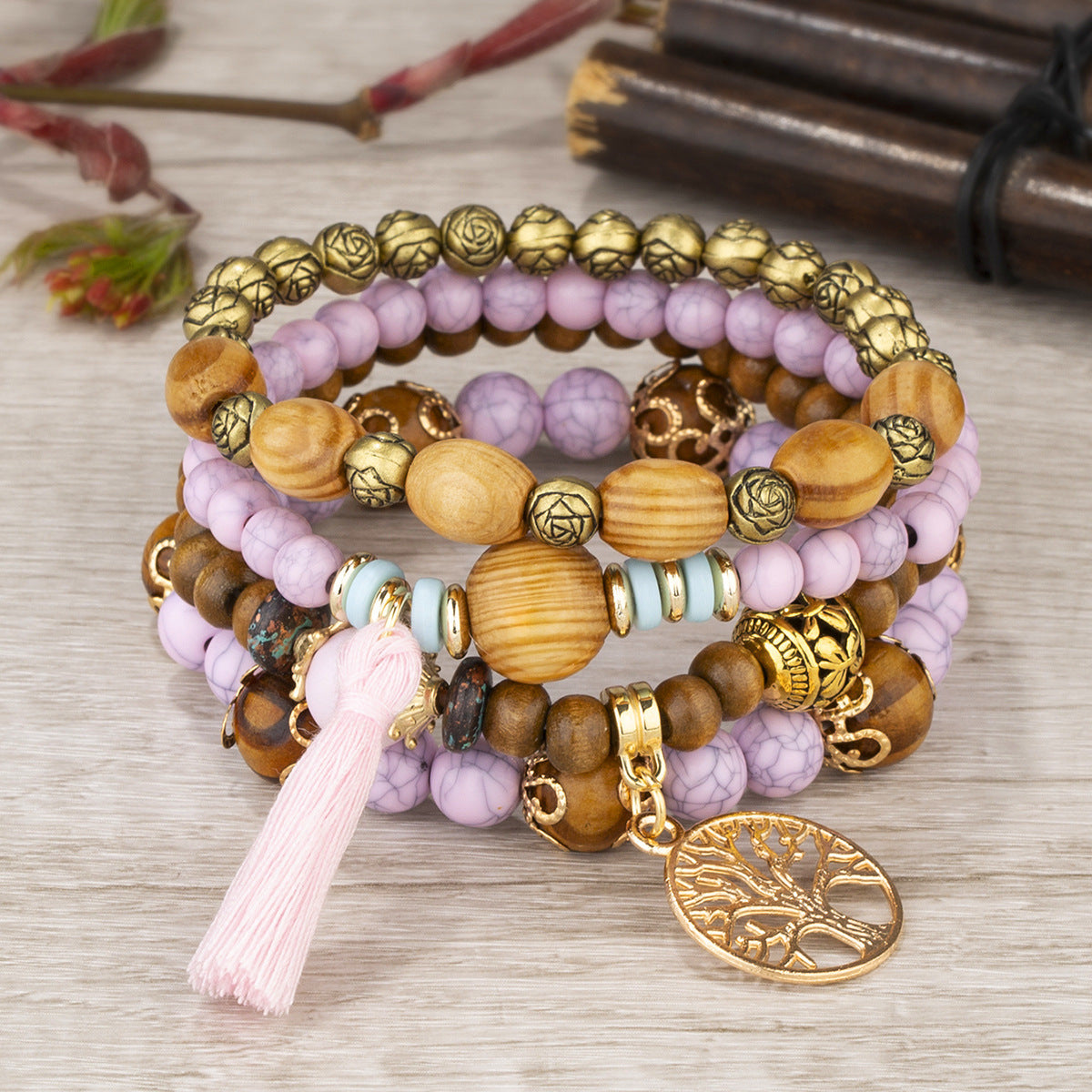 Boho Multi-Layer Stackable Beaded Stretch Bracelet, Bohemian Wrap Bracelet with Tassel & "I Love You" Charm
