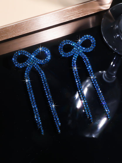 全铜 百搭蝴蝶结长款流苏耳环 时尚闪亮水钻耳钉无耳洞耳夹款