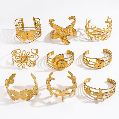 麦芽欧美不锈钢海洋风手镯海星海螺珊瑚花朵手环天然石镯子手饰品