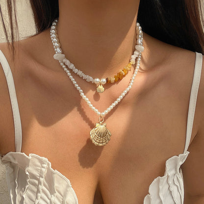 欧美跨境饰品 沙滩串珠项链仿珍珠项饰 海星贝壳复古度假necklace