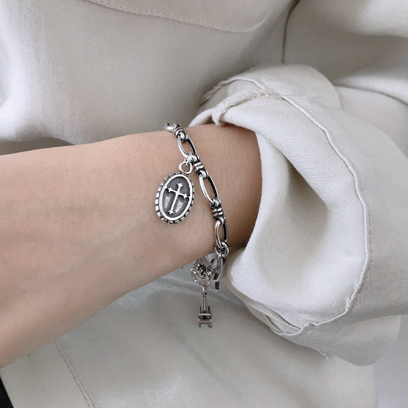 YHT013韩版S925纯银手链复古十字架盾牌翅膀铁塔五角星链条女手链