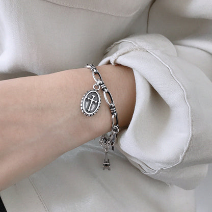 YHT013韩版S925纯银手链复古十字架盾牌翅膀铁塔五角星链条女手链