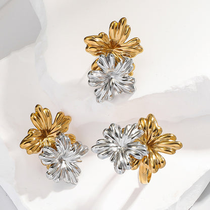 麦芽不锈钢花朵小雏菊金银拼色耳钉耳环开口戒指指环小众设计耳饰