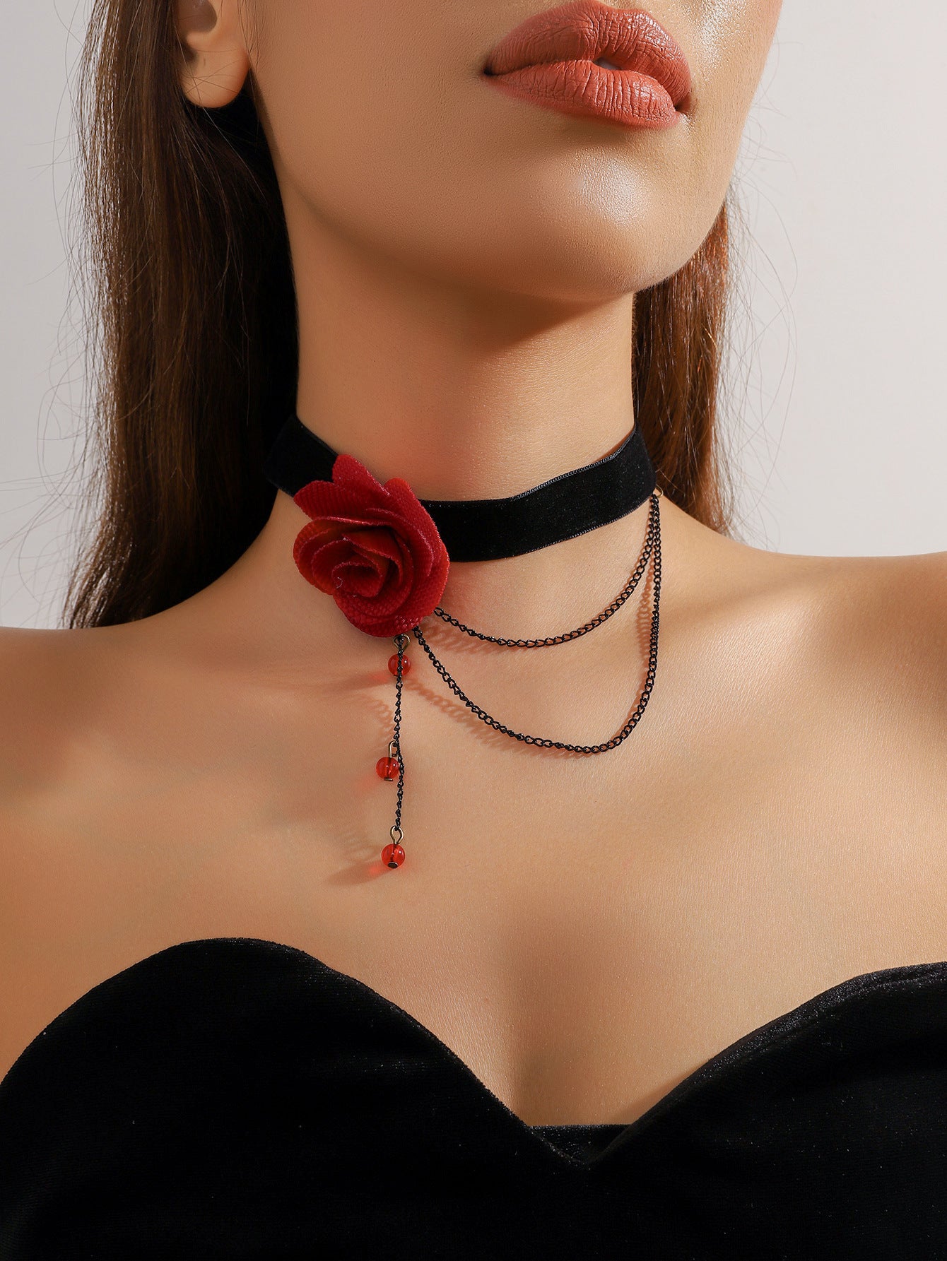 欧美跨境 复古黑色蕾丝玫瑰花项链手链戒指套装女 暗黑风颈链手饰