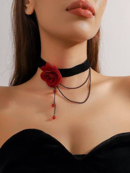 欧美跨境 复古黑色蕾丝玫瑰花项链手链戒指套装女 暗黑风颈链手饰